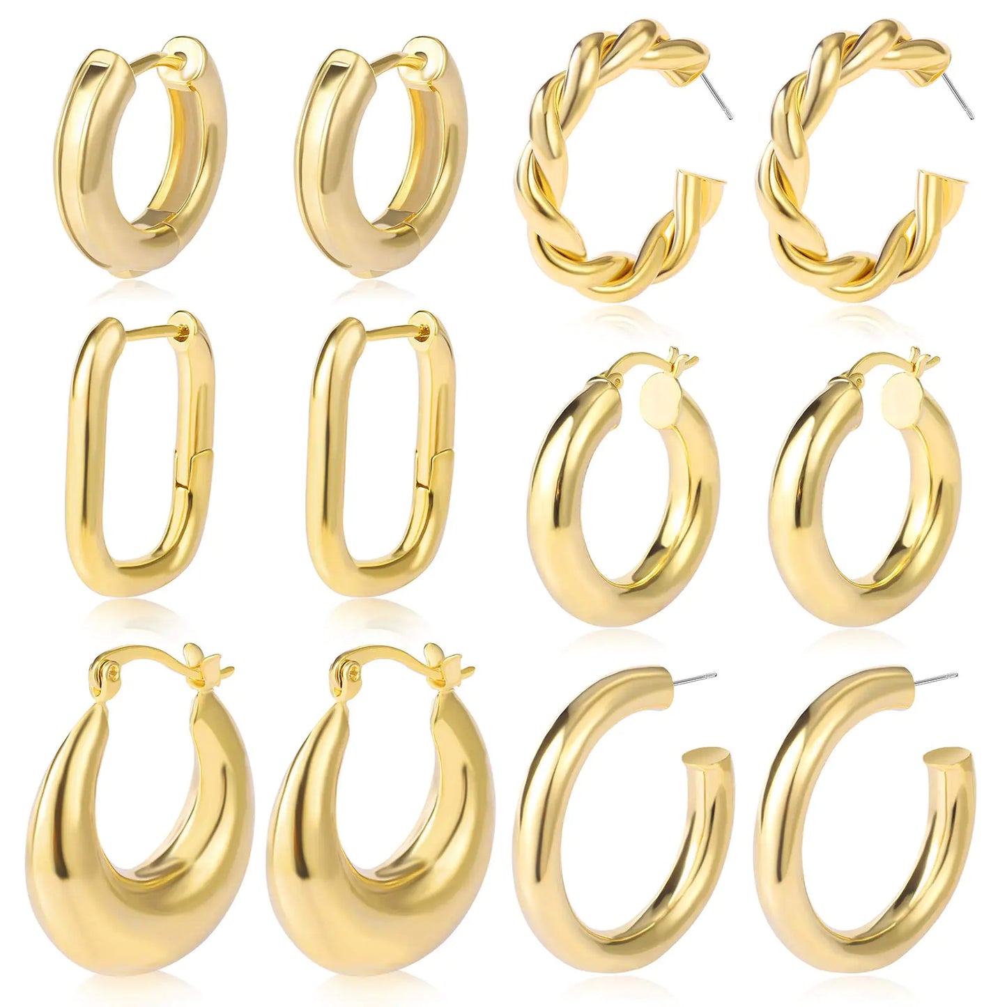 6 Pairs Chunky Gold Hoop Earrings Set - jasmin milk bar