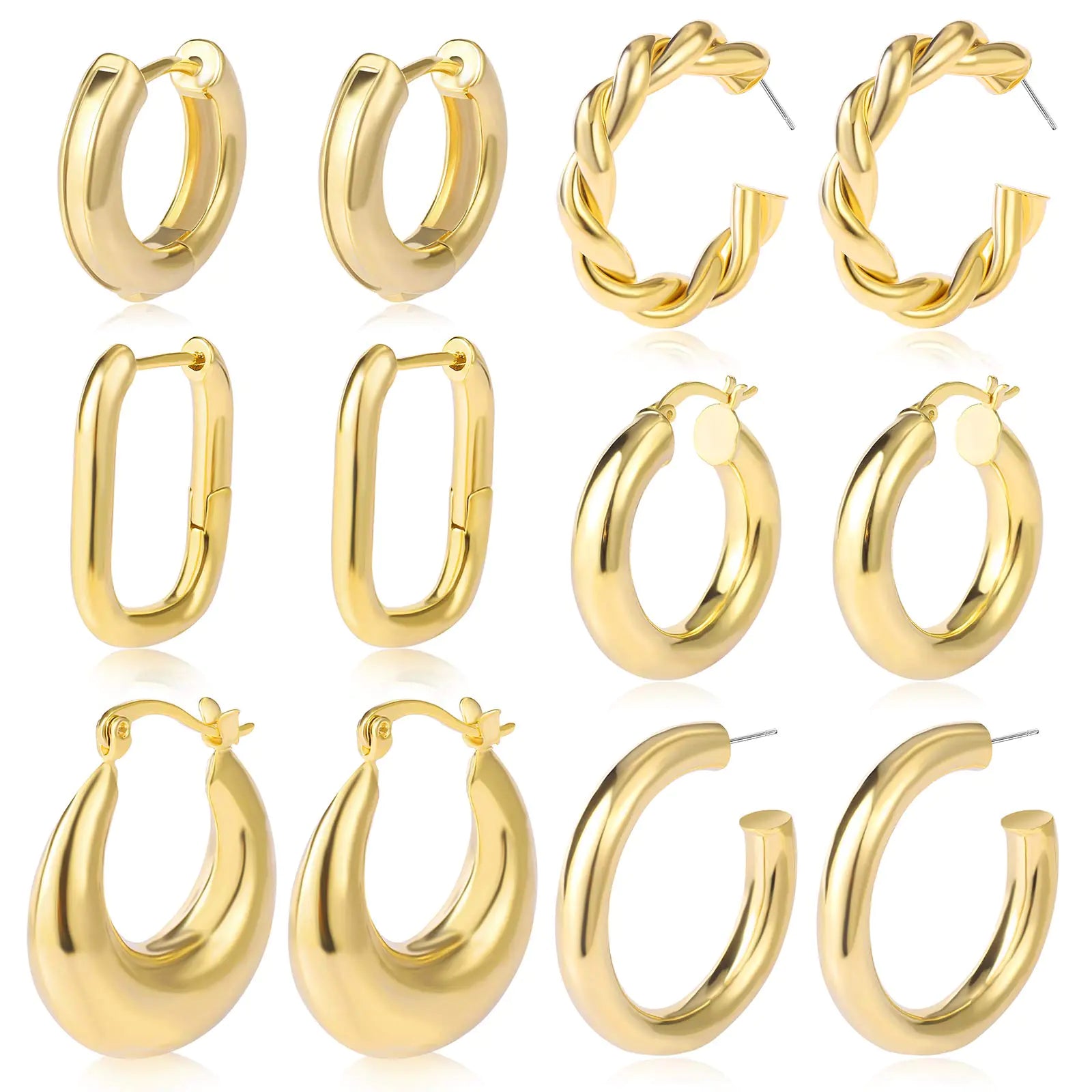 6 Pairs Chunky Gold Hoop Earrings Set - jasmin milk bar